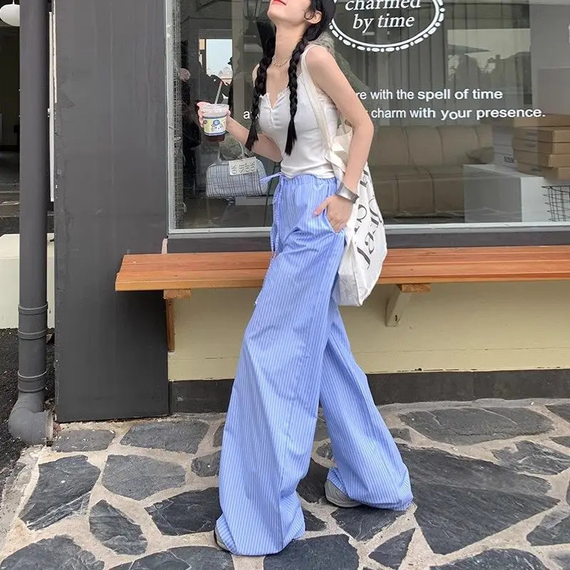 QWEEK Blue Stripe Wide Leg Pants Korean Style Thin High Waist Trousers Loose Casual Pantalones Summer Y2k Clothing 240821