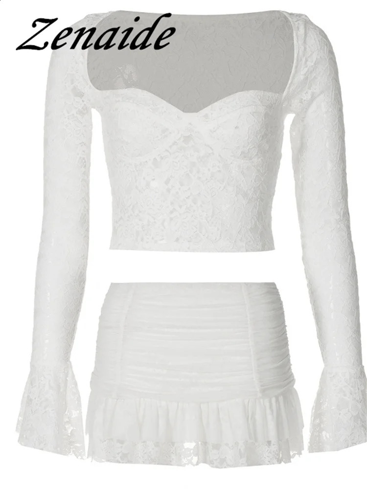 Zenaide flame long sleeved crop top pleated mini skirt 2piece set sexy lace holiday womens transparent for autumn 240821
