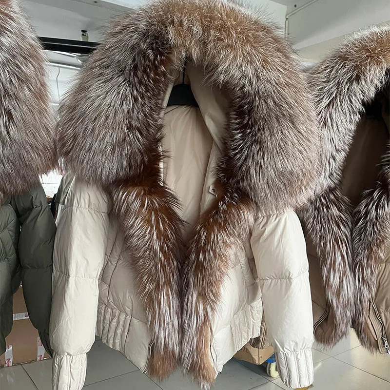 Outerwear Winter Women Warm White Duck Down Jacket Natural Real Fox Fur Collar Hood Puffer Coat Thick European 240821