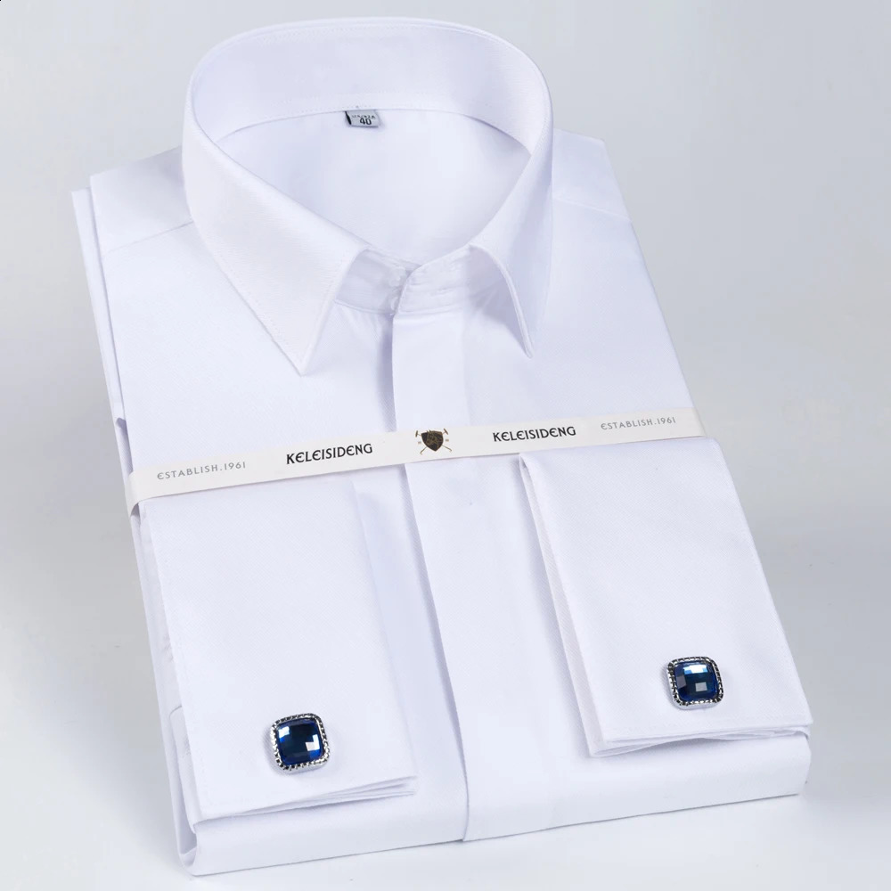 Mens Classic French Cuff Hidden Button Dress Shirt Long-sleeve Formal Business Standard-fit White Shirts Cufflinks Included 240822