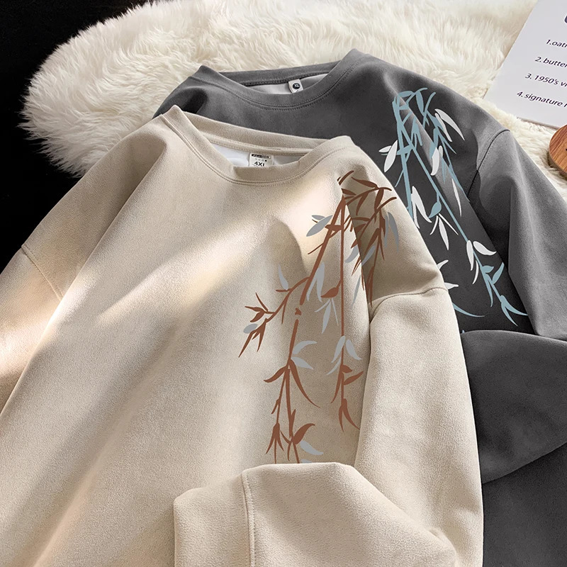 Harajuku Bamboo Leaf Pattern Sweatshirt Fall Heavyweight Suede Sweatshirt Casual Plus Size Round Neck Pullover Hoodie 240821