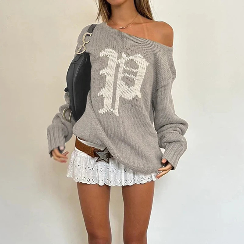 HEYounMIRL Womens Slophy Fit Y2K Sweater Letter Printing Autumn Long Sleeve Khaki Knitted Pullover Casual Loose 240821