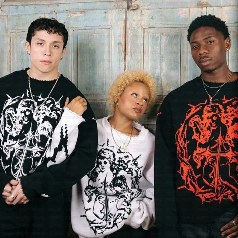 Hip hop streetwear knitted sweater mens Gothic pattern oversized pulled winter Harajuku cotton Y2K top 240821