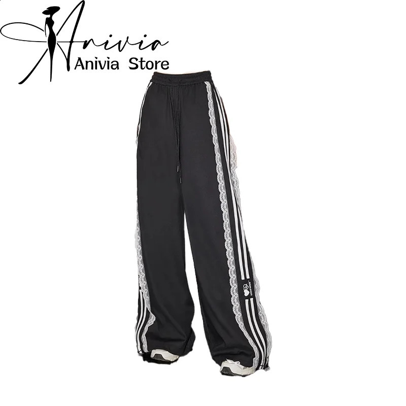 Womens Black Gothic Baggy Striped Pants Vintage Y2k Harajuku Aesthetic Emo Pants Patchwork Lace Trousers 2000s Trashy Clothes 240821