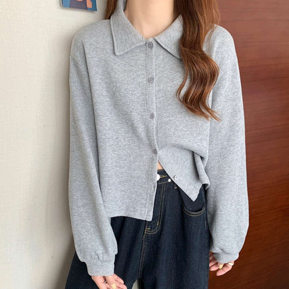Spring and Autumn New BF Style Loose Polo Collar Short Long Sleeve Hoodie Women's Cardigan Solid Color Top Trendy dongdumaoyi