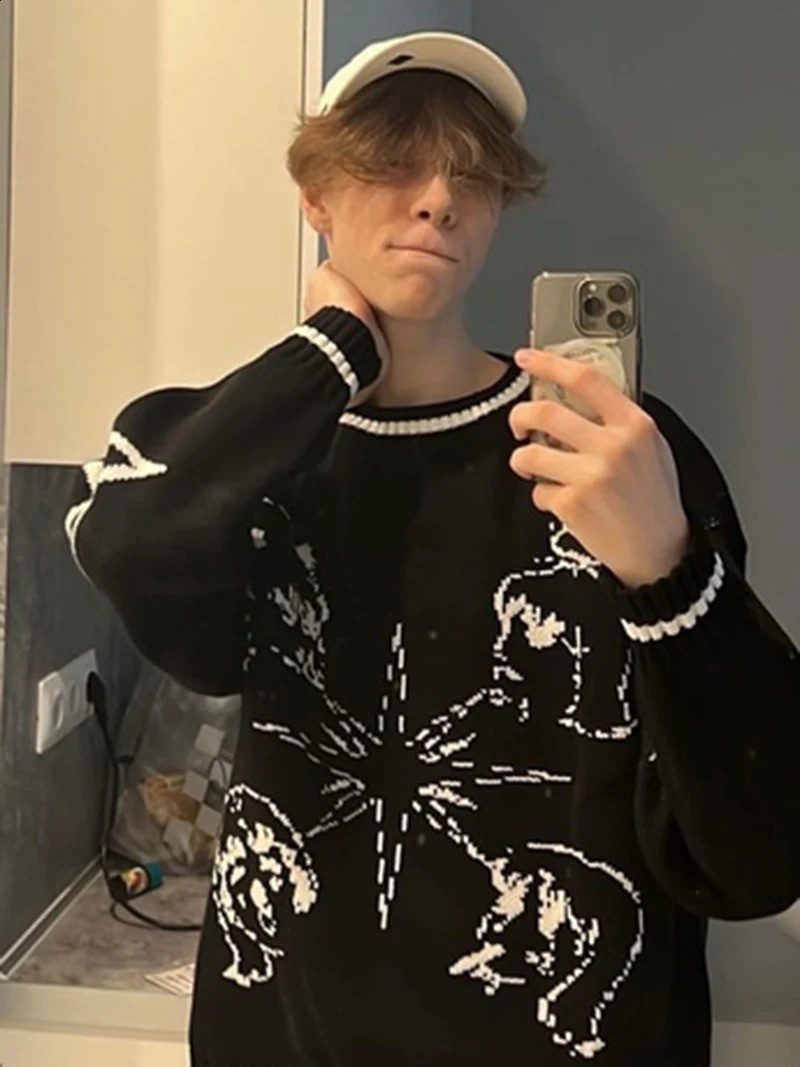 Vintage Star graphics Harajuku Oversized Y2K Sweater Women Knitted Sweater Print Winter Thick Female Pullovers Casual Tops 240821