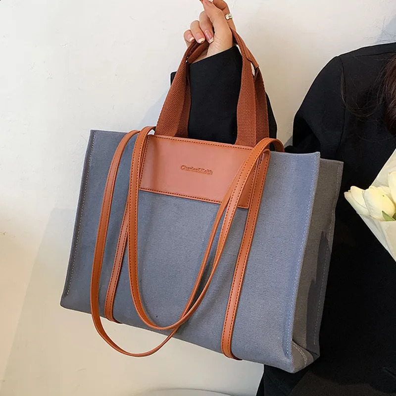High Quality Canvas With Leather Big Shoulder Bags For Women Large Capacity Ladies Handbags Purses Shopper Bag 240822