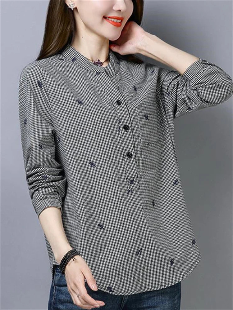 Womens Spring and Autumn style cotton shirt womens printed turtle neck button long sleeved Korean elegant top DF3878 240822