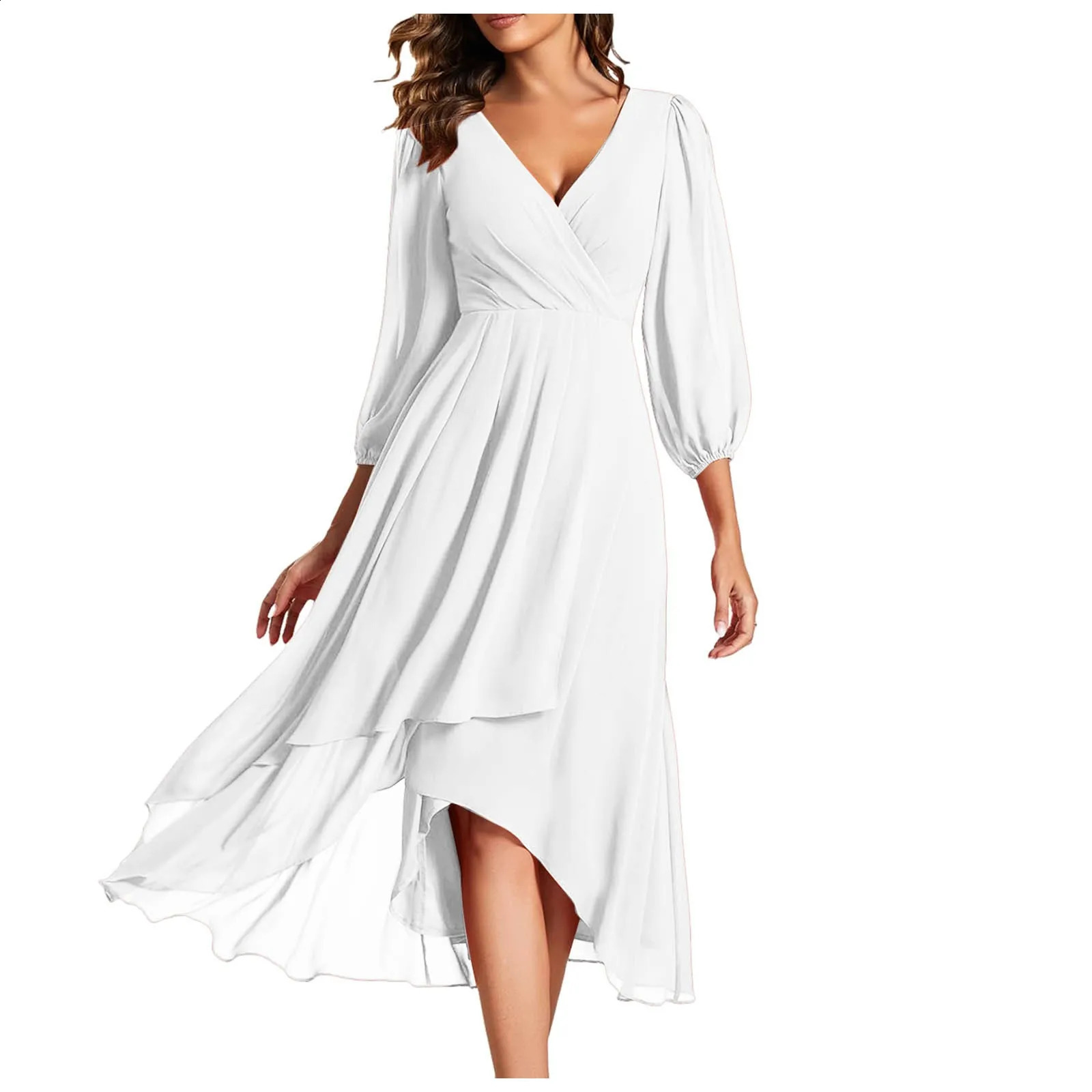 Women Chiffon Spring V Neck Dresses Long Sleeves Pleated A Line Midi Length Wedding Guest Dress Solid Elegant Tunic Dress