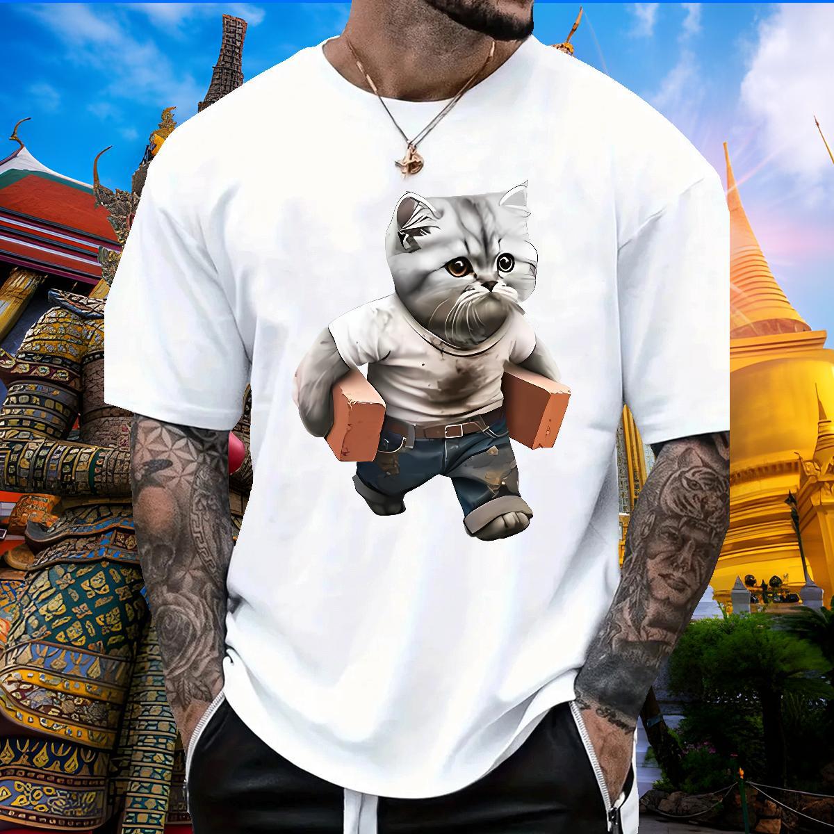 Cool T Shirts Men cat Breathable Short Sleeve Sport Black Oversized 230g Cotton Men Tops Tees Wholesale Tee Shirt
