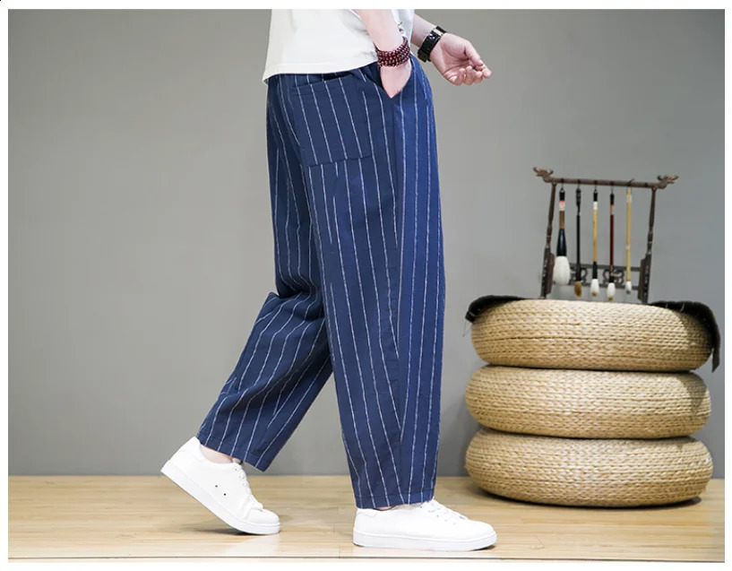 Trendy Striped Casual Pants for Men Loose Cotton Linen Pants Chinese Style Wide Legged Sweatpants Full Length Pant Trousers 240822