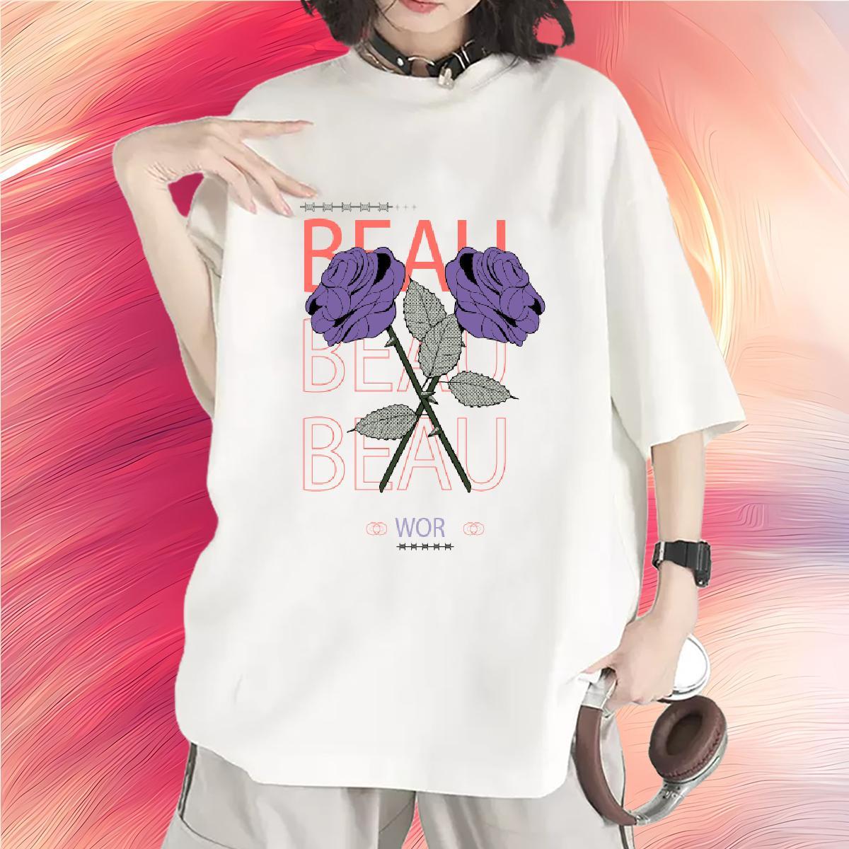 Loose fit Womens Tshirts 230g Cotton flower Daily Wear T Shirt For Woman Breathable Soft Anime Oversized Tops Tees