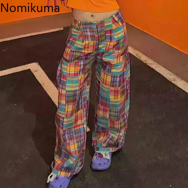 Y2k Wide Leg Pants for Women Bottoms Fashion Rainbow Plaid Trousers High Waist Straight Casual Summer Pantalon Femme 240821