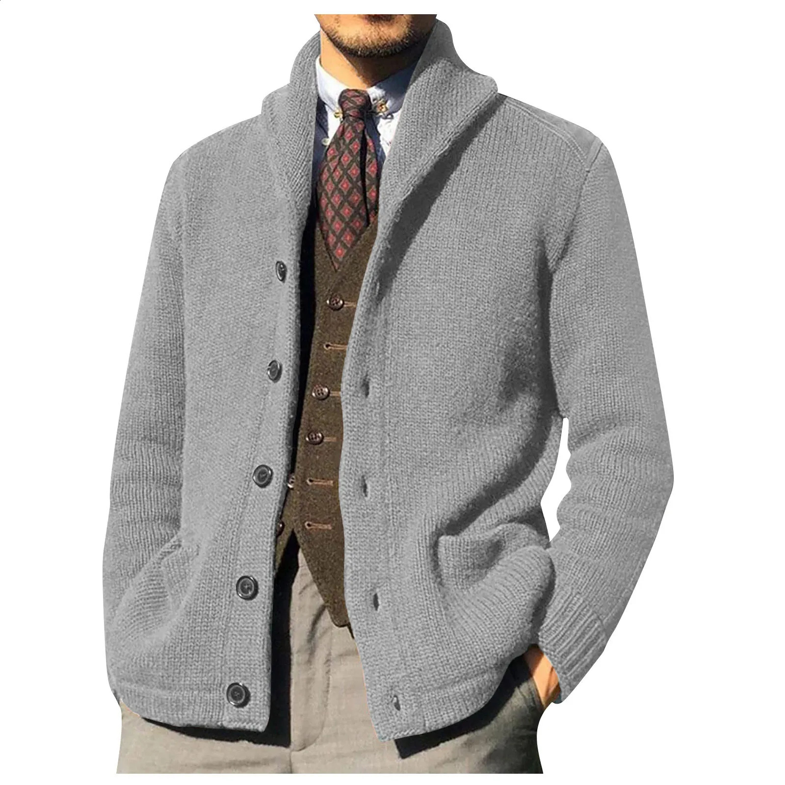 Mens winter cardigan solid shawl collar button down cable knit sweater casual jacket mens clothing 240821