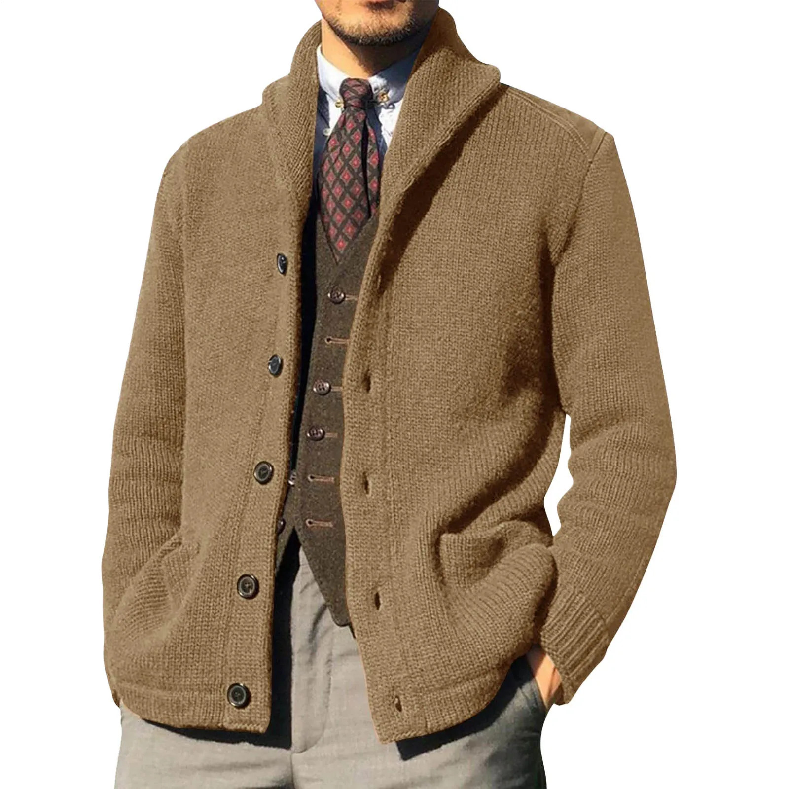 Mens Knitted Sweater with Collar Long Sleeve Thick Open Wool AutumnWinter Solid Button Warm 240821