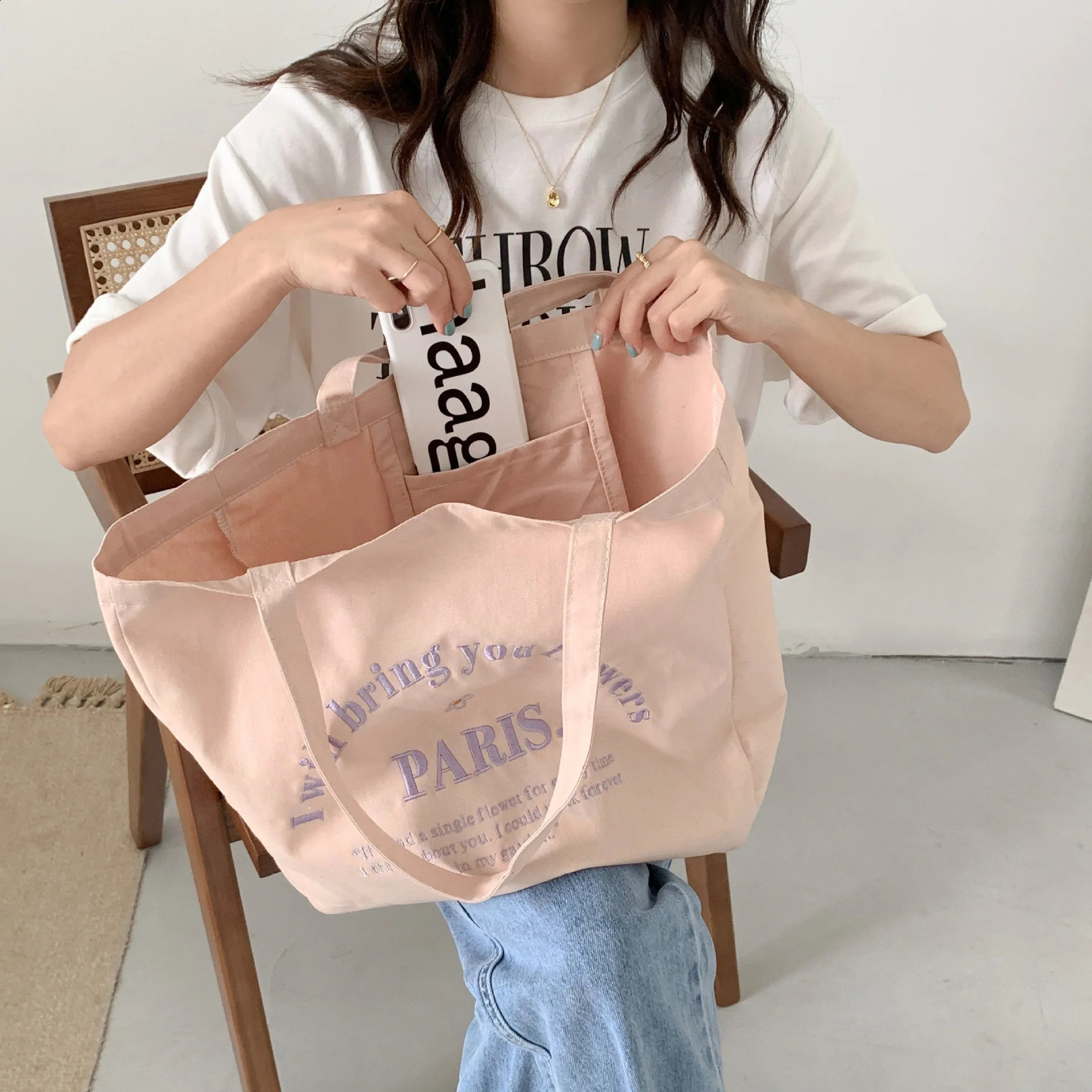 Letter Embroidered Womens Canvas Shoulder Bag Large Capacity Student Travel Casual Tote Handbags Female Eco Shopping Bags 240821