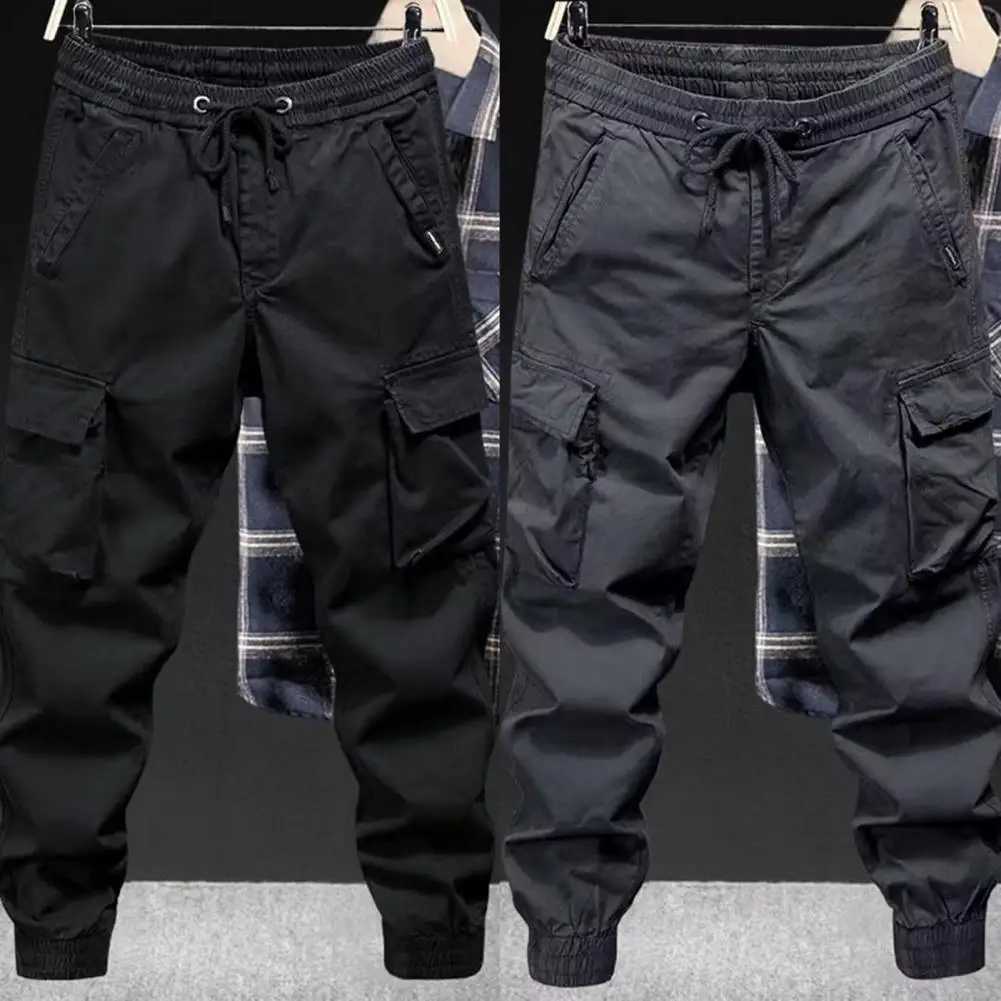 Loose Straight Pants Mens Drawstring Cargo Pants with Elastic Waist Multi Pockets Ankle-banded Design for Daily Sports LX241107