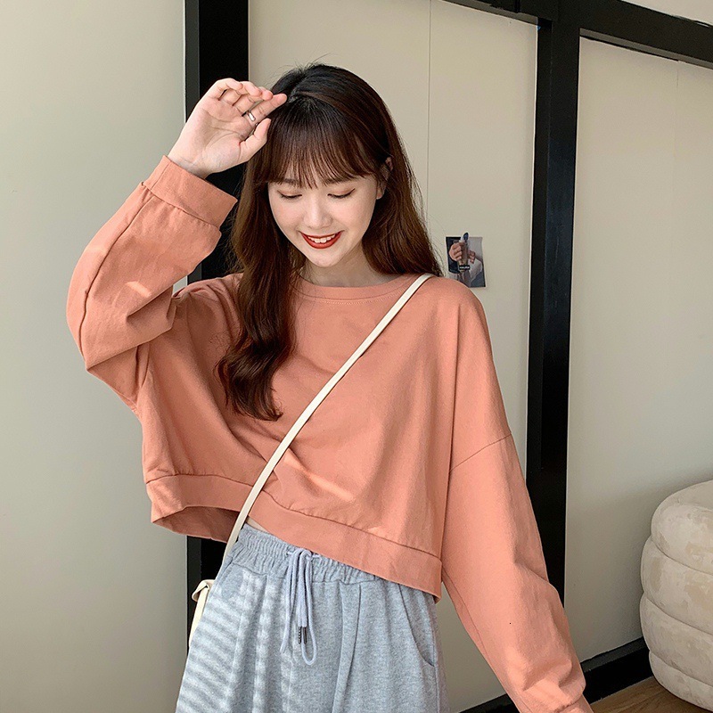 Solid color short hoodie for women Spring and Autumn season new Korean version loose fit slimming thin jacket long sleeved top dongdumaoyi