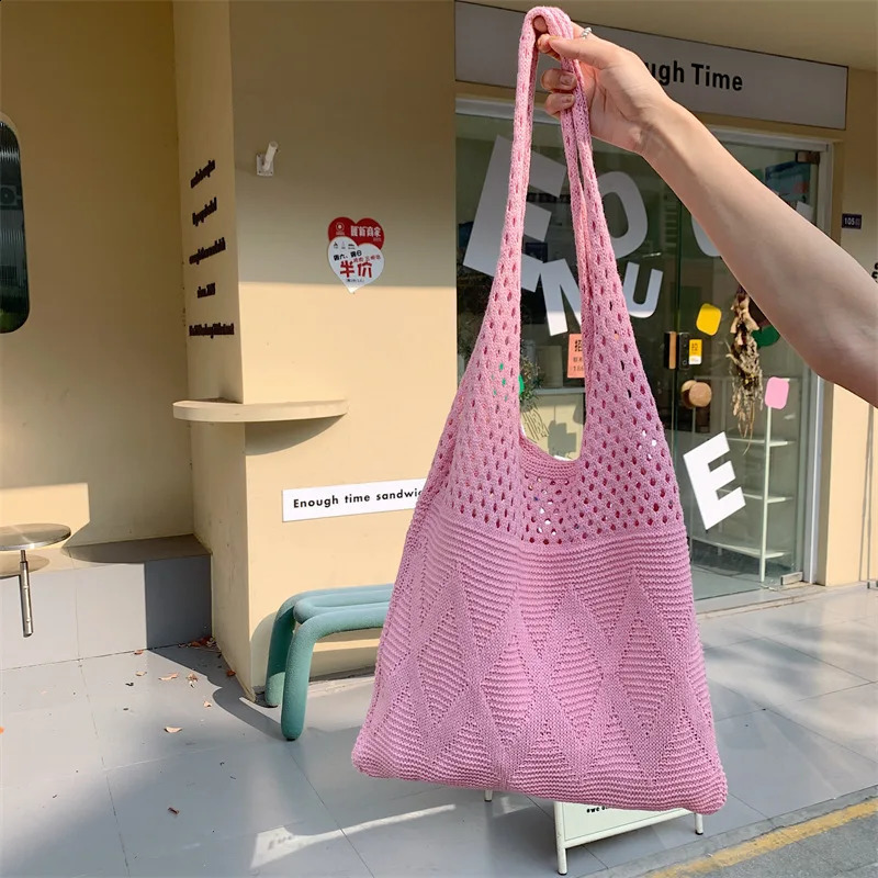 Casual Hollow Out Knitted Women Shoulder Bags Woolen Weave Large Capacity Tote Bag Summer Beach Big Shopper Purses 2024 240821