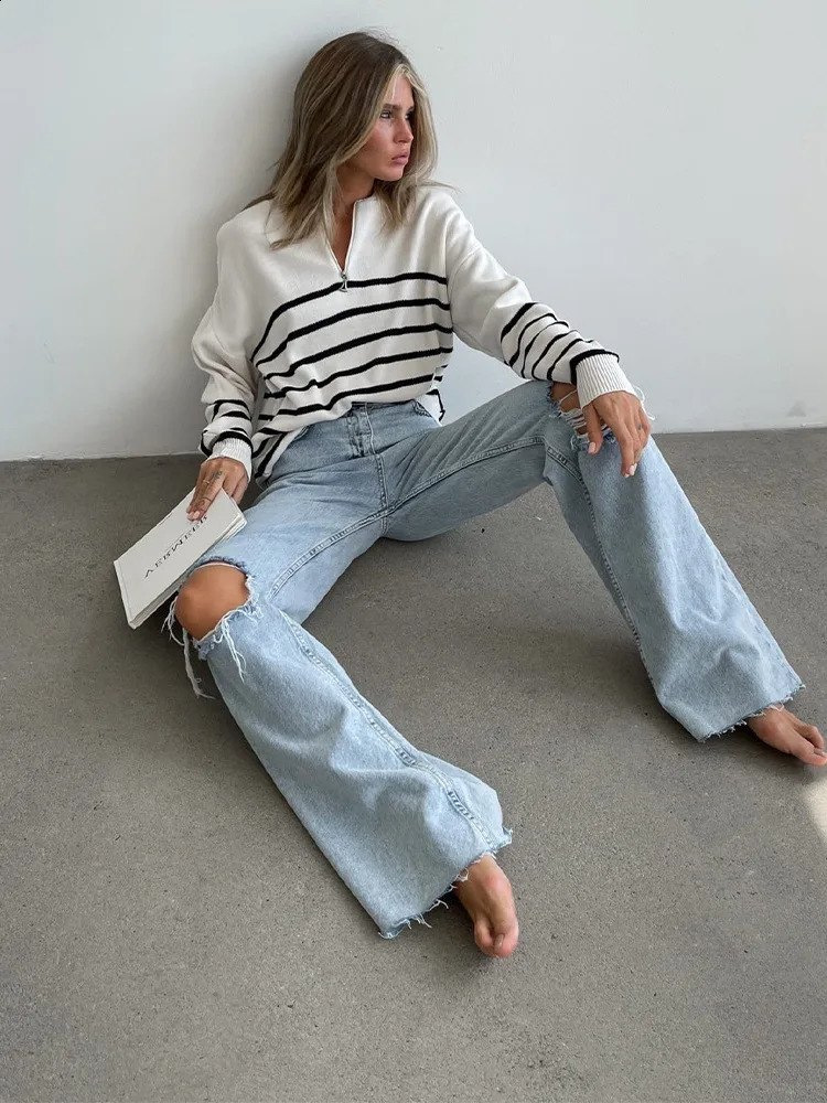 Winter Fashion Style Striped Knit Pullover Sweater Half Zip Ladies Casual Pullover Knitted Tops Women Sweater 240821