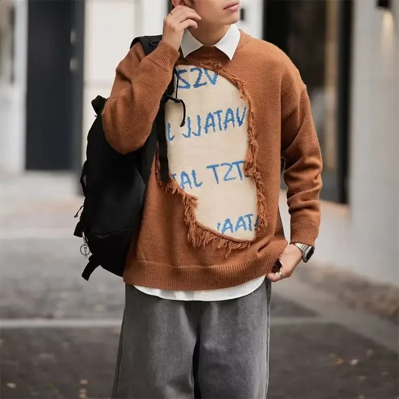Vintage Hip Hop Style Letter Fringe Sweater For Men Women Casual High End Knitted Top Trendy American Streetwear 240821