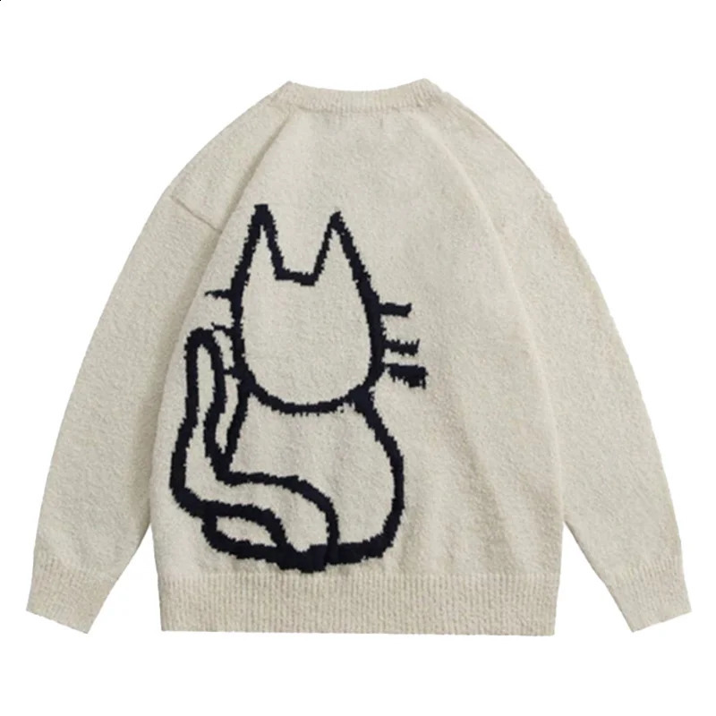 WOMEN Cute Cat Pattern Knitted Sweater CasualWarm Stretchy Crew Neck Pullover for Fall and Winter 240821
