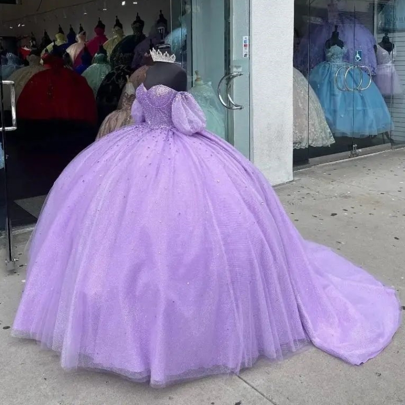 Luxury Lavender Sequin Off The Shoulder Princess Quinceanera Dresses Beading Crystal Tulle Sweet 16 Dress Vestido De 15 Anos