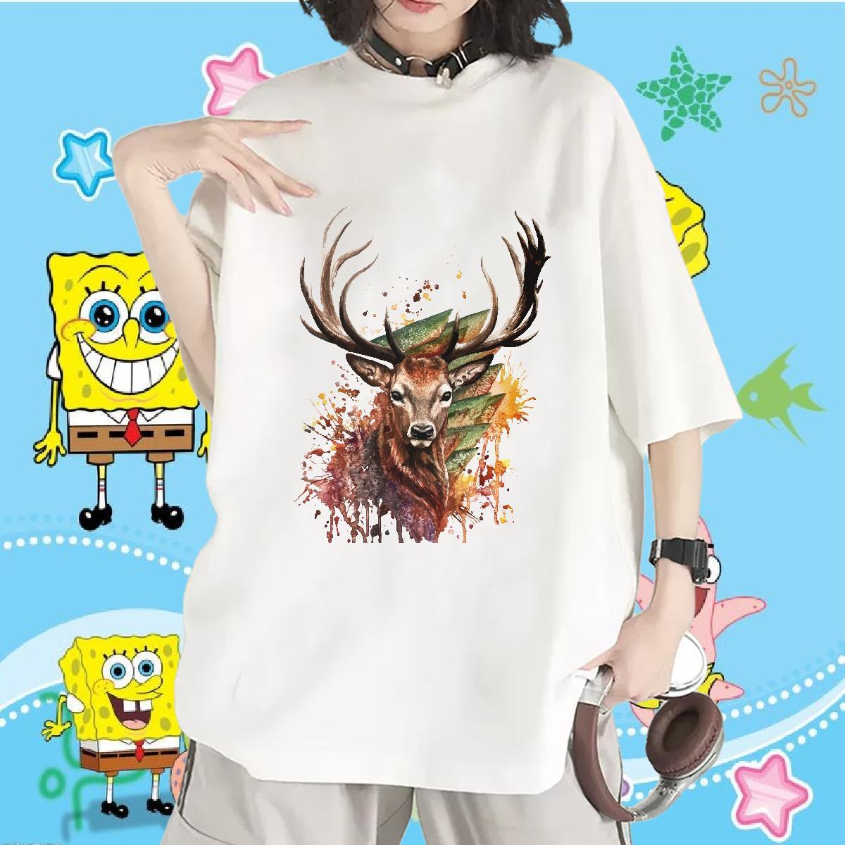 Fashion T Shirts Women Round Neck Short Sleeve 230g Pure Cotton Lady T shirt Custom Print Oversized Deer Casual Beach Female Polos