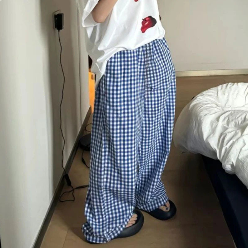 QWEEK Vintage Plaid Y2k Pants Woman Casual Harajuku Oversized Trousers Korean Fashion Wide Leg Summer Japanese 2000s Pockets 240821