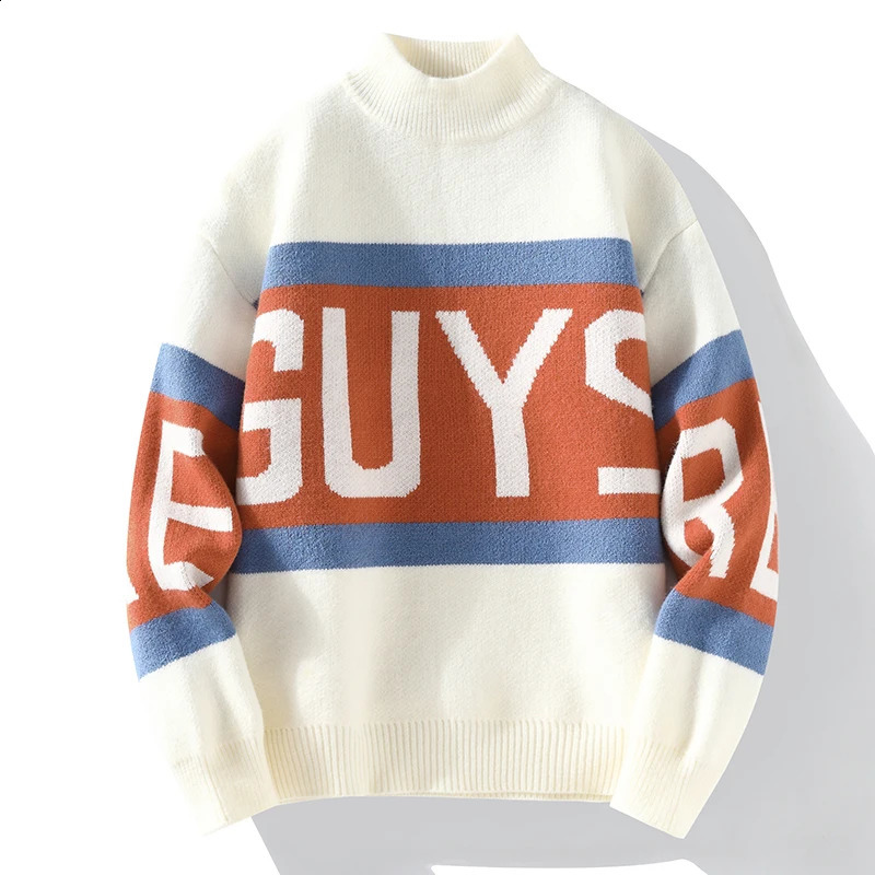 Autumn Winter Conflict Color Knitted Pullover Sweater Mens Round Neck Warm Fashion Letter 240821