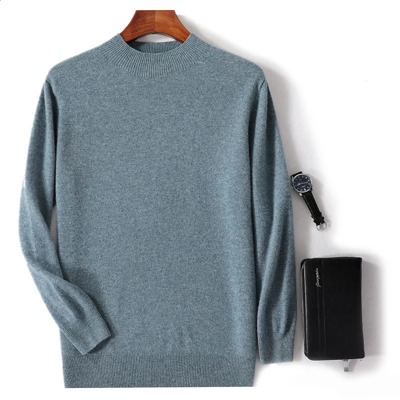 AutumnWinter 100% Pure Wool Casual Solid Color Mens Half High Collar Fashion Trend Knitted Bottom Sweater 240821