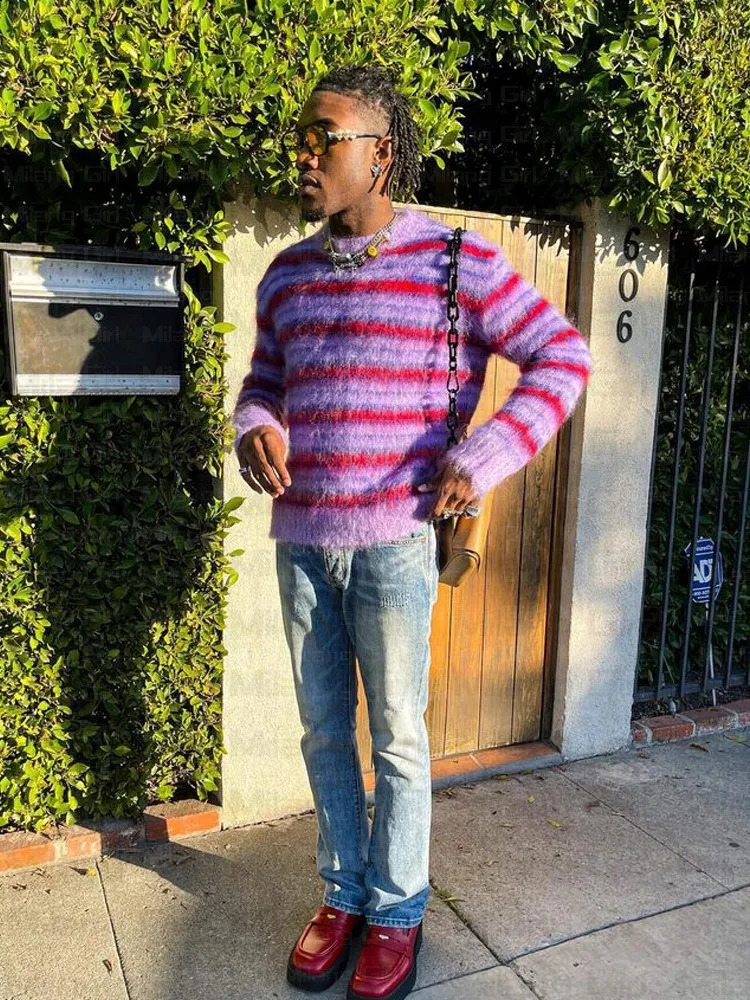 Y2k Purple Striped Japanese Mens Sweater Hip Hop Warm Street Clothing Harajuku La Hua Autumn Womens Extra Large Knitted 240821