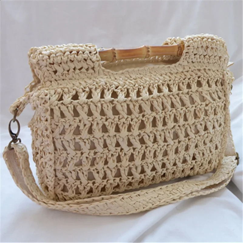 Vintage Bamboo Handle Straw Handbags Casual Paper Woven Women Shoulder Crossbody Bags Handmade Summer Beach Bag Small Tote Purse 240821