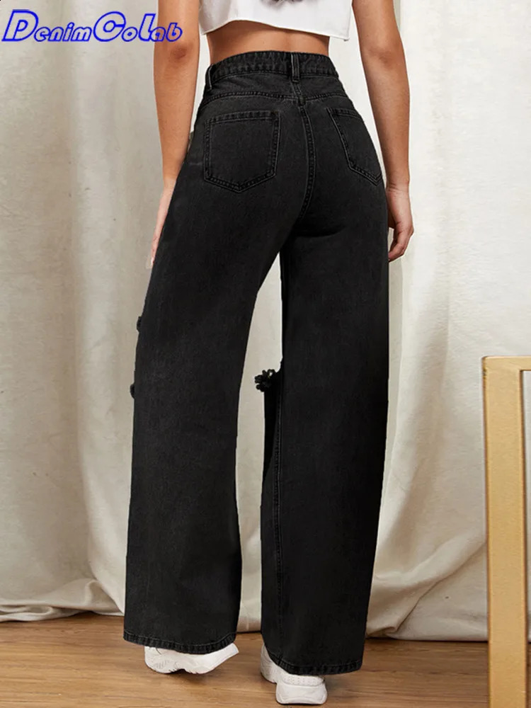 DenimColab Hole Washed Wide Leg Women Loose Boyfriend 100 Cotton Mom Jeans Casual Trousers Denim Pants Z260313
