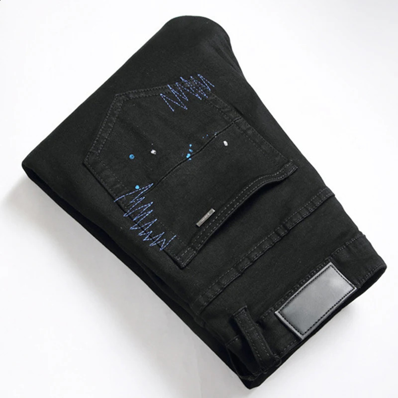 Mens jeans 3109 ripped patch black trend stretch slim legs personalized mens pants 240809