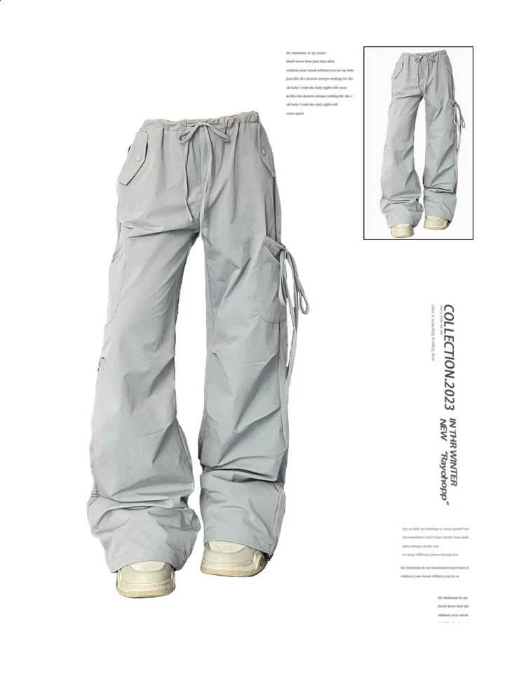 Womens Grey Y2k Cargo Pants Streetwear Harajuku Japanese 2000s Style Baggy Parachute Pants 90s Vintage Trousers Fashion Clothes 240821