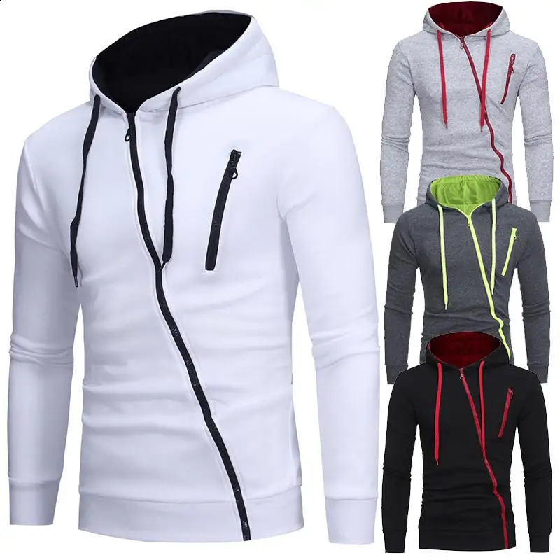 Casual mens hooded sweatshirt diagonal zipper jacket spring autumn trend custom streetwear 240822