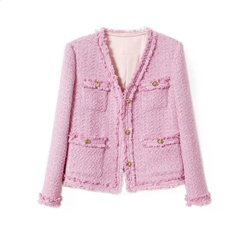Fashion Korean Tweed Pink Jacket For Women Autumn Winter Vintage Long SleeveHigh Quality Coat Female Cloth Outwear Tops 240821