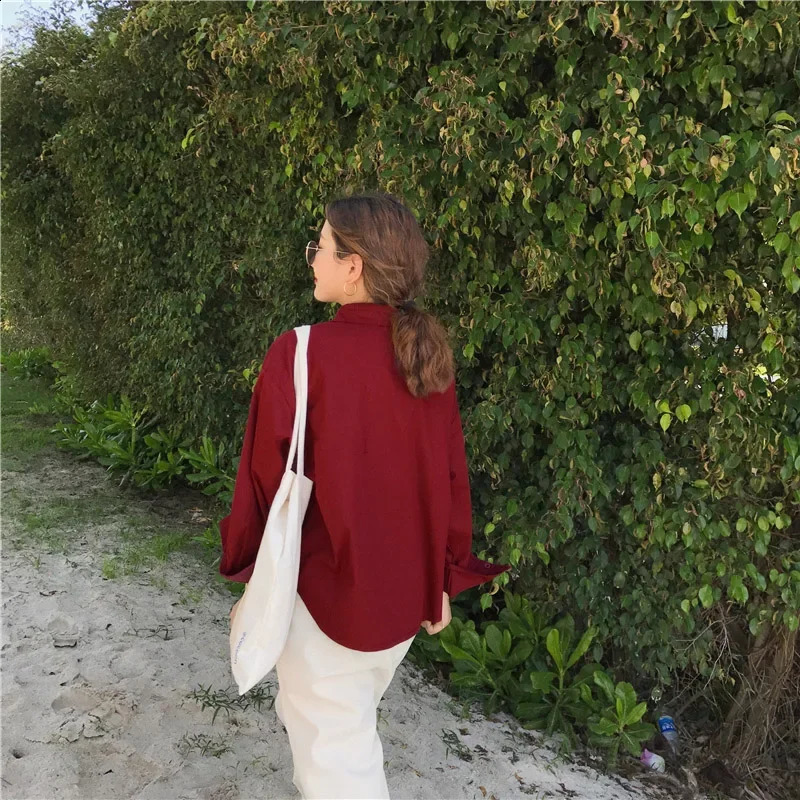 Womens loose and fully matched solid candy color single chest top chic lapel long sleeved shirt 240822
