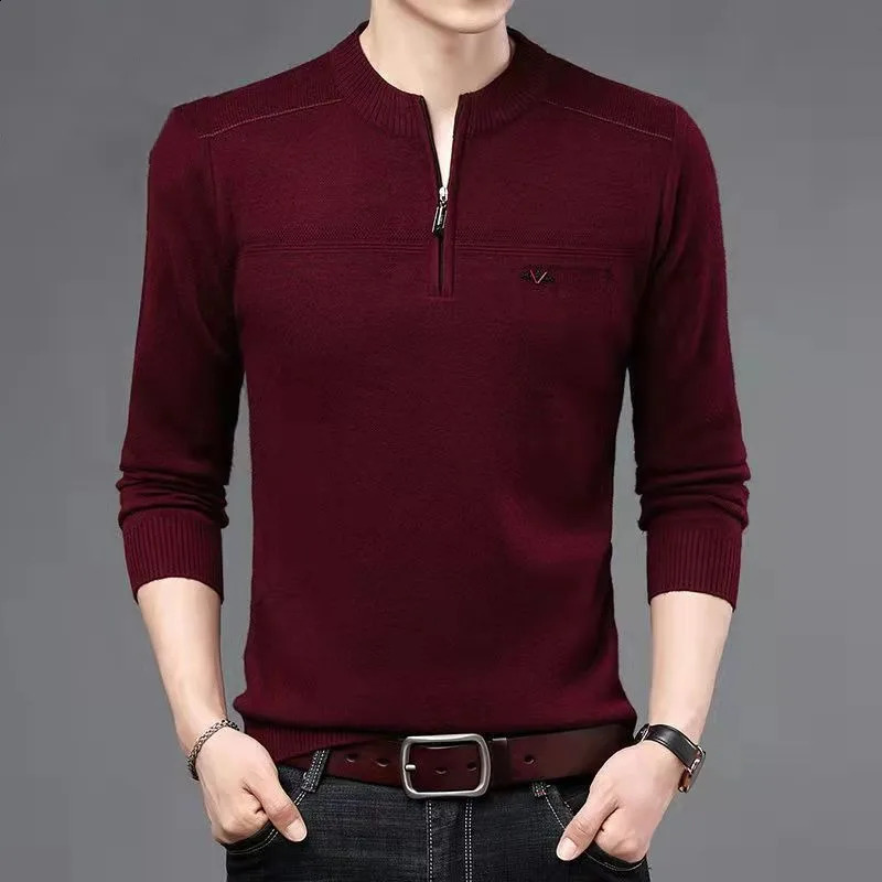 Winter Middle Aged Thick Warm Half Neck Zipper Standing Neck Wool Sweater Print Patchwork Business Casual Fleece Long Sleeve Top 240821