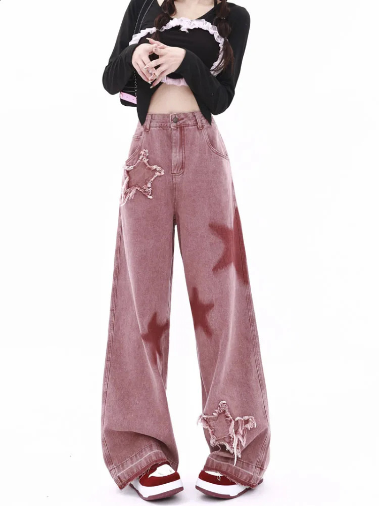 Spring Summer Women Retro Five-point Star Raw Edge Splicing Loose Wide-leg Jeans All-match Mopping Pants Z260313