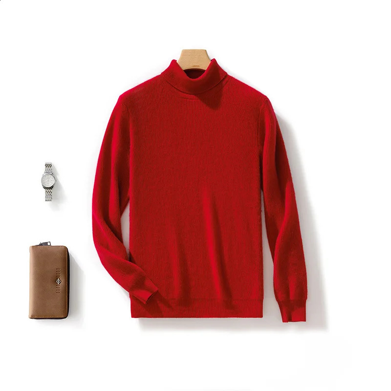 Autumn and winter 100% pure wool mens turtle neck solid color plus size cashmere sweater fashionable bottom 240821