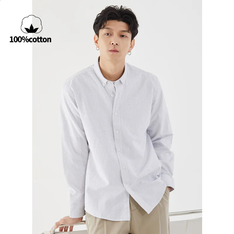 Mens striped oxford cloth long-sleeved shirt. Autumn business casual loose 100% cotton shirt.Breathable durableS-3XL 240822