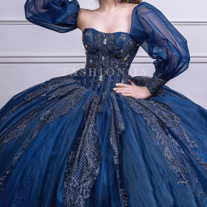 Navy Blue Shiny Ball Gown Quinceanera Dresses Appliques Lace Beads Crystal Off The Shoulder Ruffles Corset Vestidos De 15 Anos Sweet 16 Dress