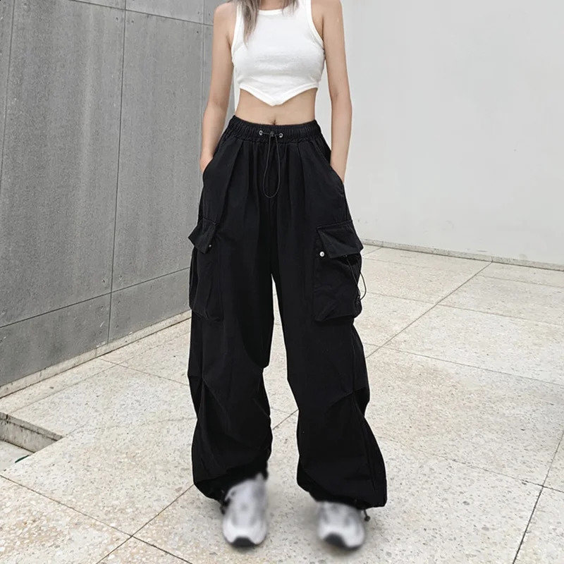 Women Y2K Cargo Pants Casual High Waist Big Pockets Hip Hop Trousers Female Streetwear Drawstring Baggy Oversized Sweatpants 240821