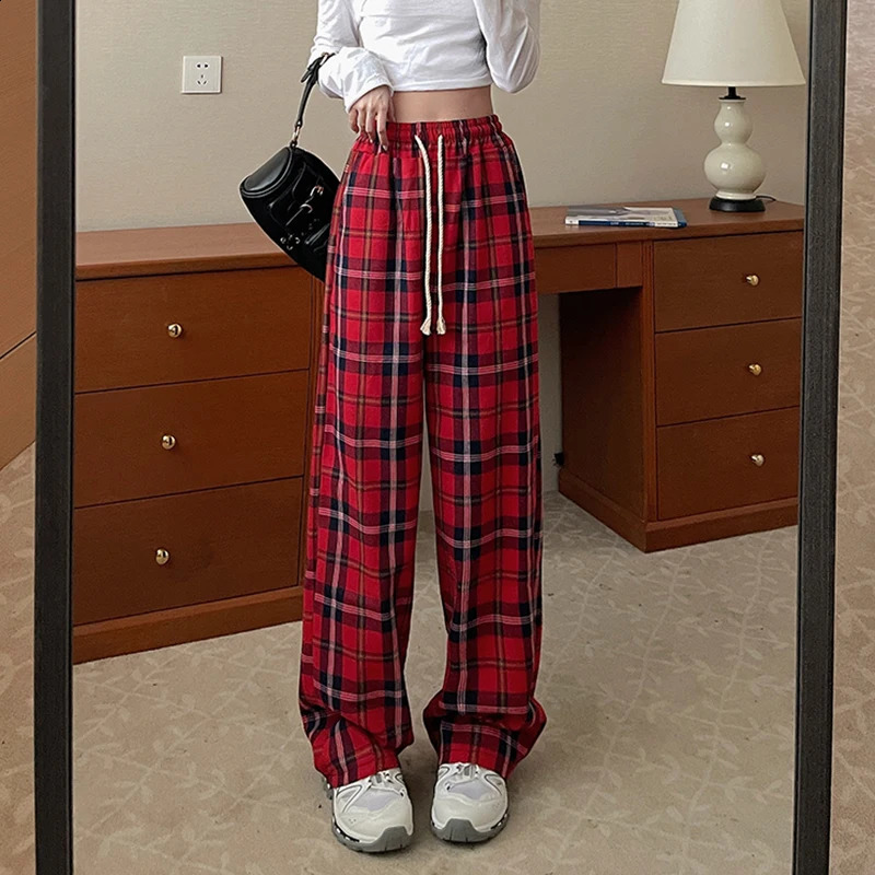 Women High Waist Y2k Loose Straight Leg Pants Lady Korean Harajuku Baggy Wide Leg Trousers Female Casual Grunge Red Plaid Slacks 240821