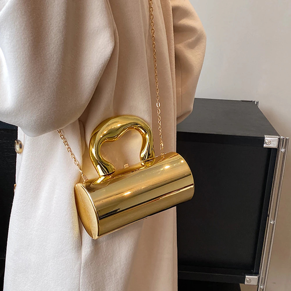 Fashionable cylindrical womens bag party clutch metal handle mini evening wallet Y2K cross body shoulder luxury design handbag 240822
