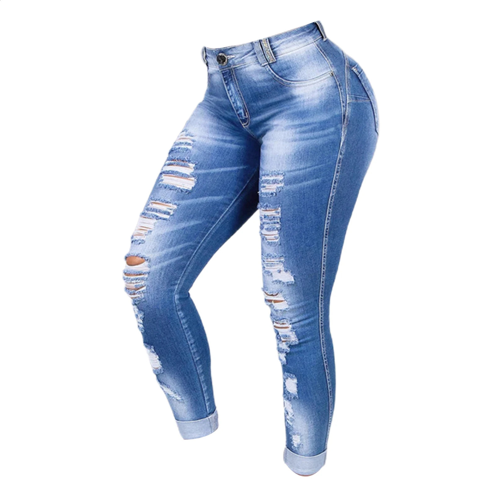 Women Fashion Hip Hop Broken Holes Denim Jeans Cord Ripped Pencil Pants 240821