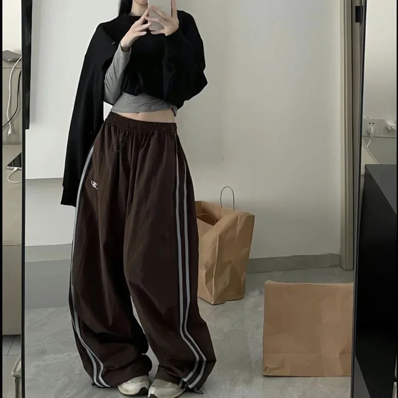 Women Cargo Pants Vintage Streetwear Baggy Wide Leg Sweatpants Casual Drawstring Oversize Pockets Tech Fashion Trousers Y2K 240821
