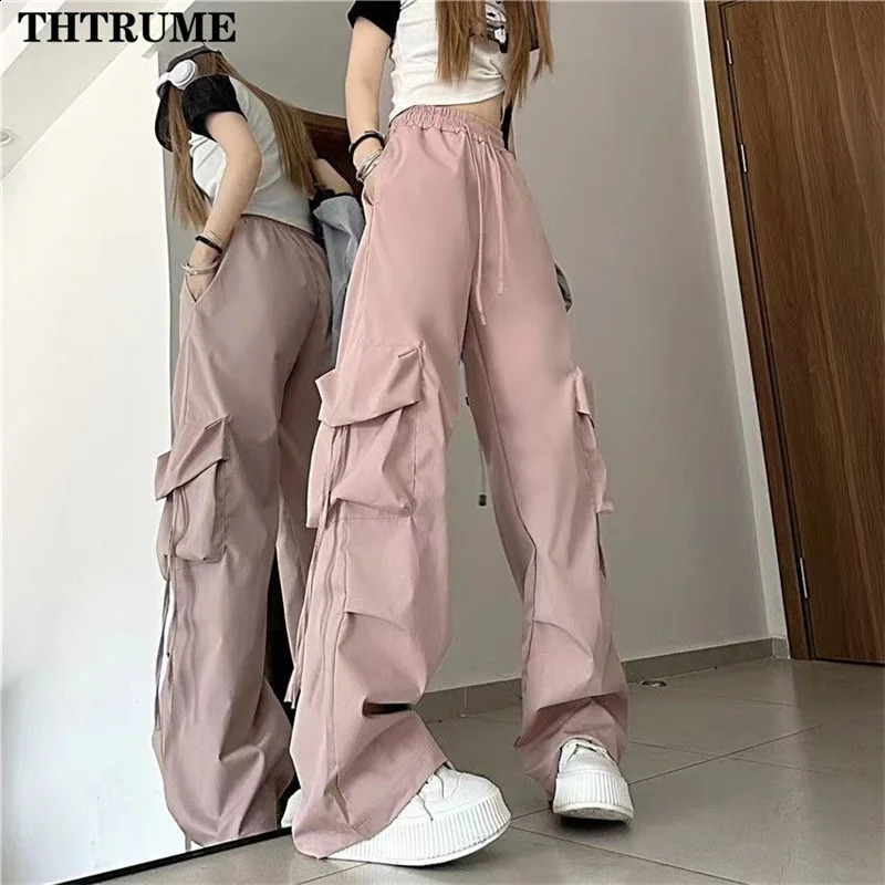 High Street Y2K Cargo Pants Fashion Women Drawstring Pocket Hip Hop Streetwear Baggy Pant Casual Vintage Oversized Chic Trousers 240821